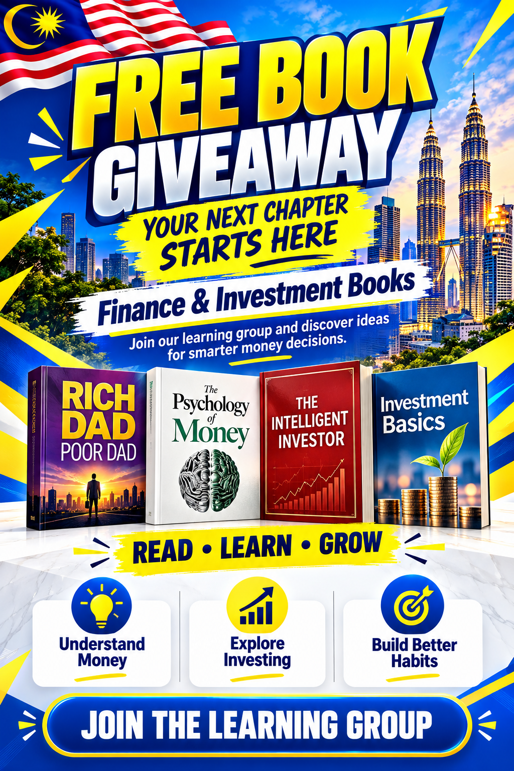 Malaysian free book giveaway. Finance and investment books. Read, learn and grow. Understand money, explore investing and build better habits.
